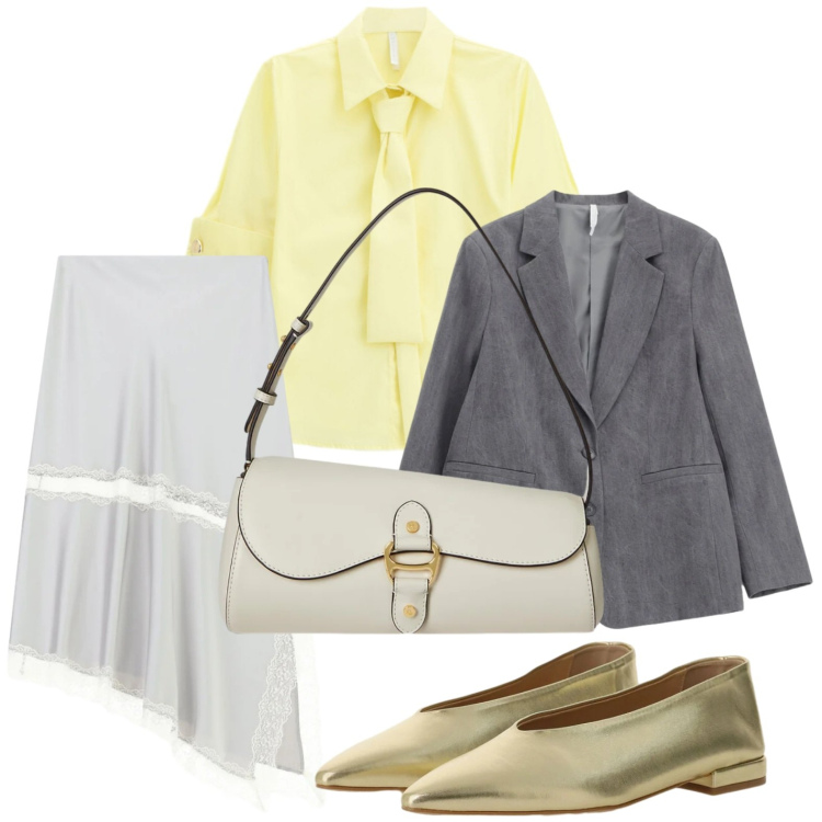 Outfit donna - L\'oro che seduce. Stile Glamour per Tutti i giorni. Abbinamento con gonne longuette, blazer, camicie a manica corta, ballerine, borse a spalla.