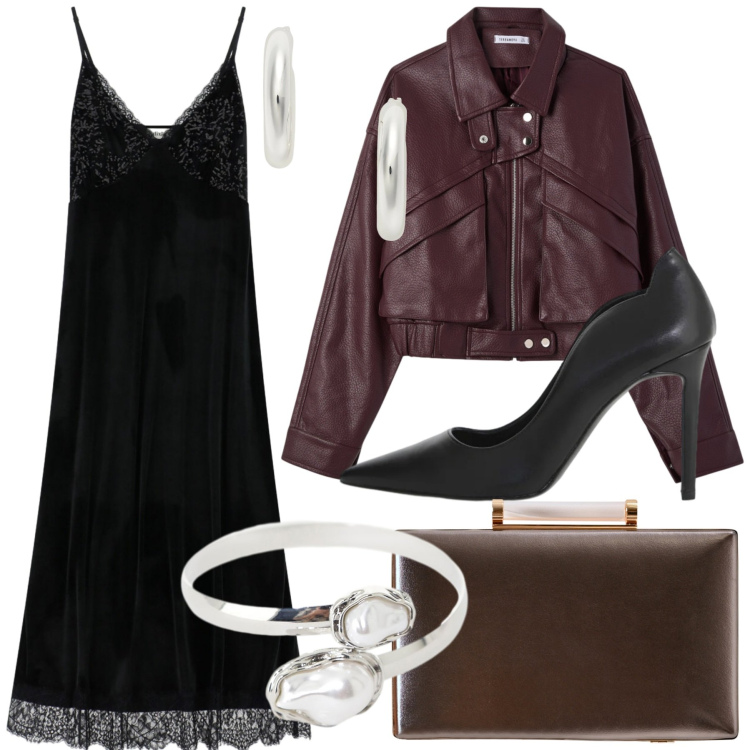 Outfit donna - Serata in discoteca. Stile Romantica per Serata fuori. look ideale per Tall. Abbinamento con bomber, décolleté, vestiti midi/longuette, braccialetti, clutch, orecchini.