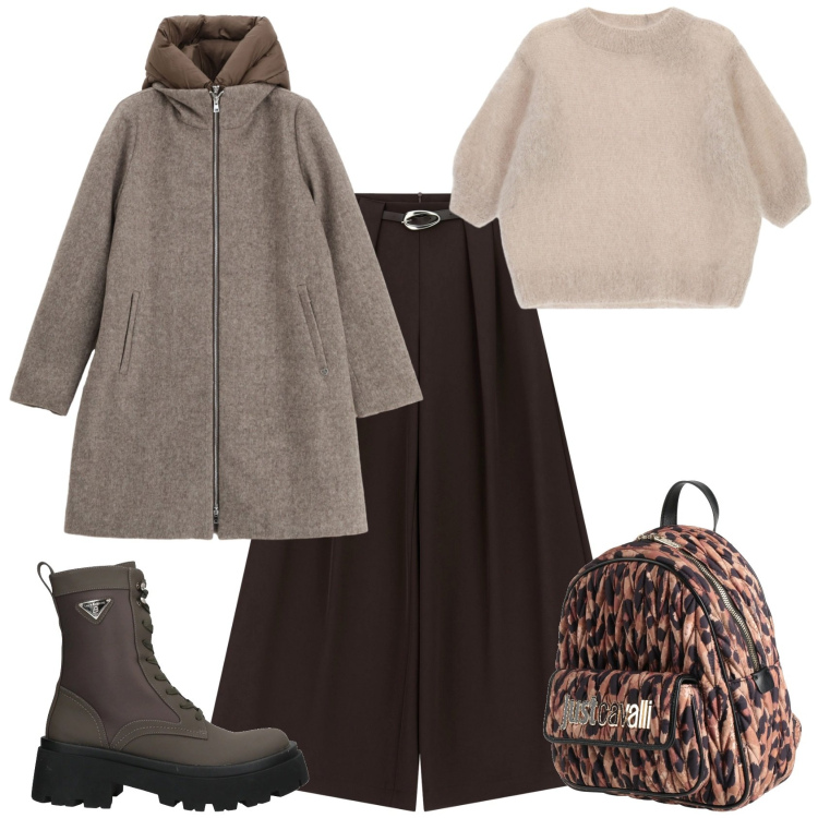 Outfit donna - Casual chic ogni giorno. Stile Casual chic per Tutti i giorni. Abbinamento con zaini, stivaletti, pantaloni a palazzo, maglieria, piumini.