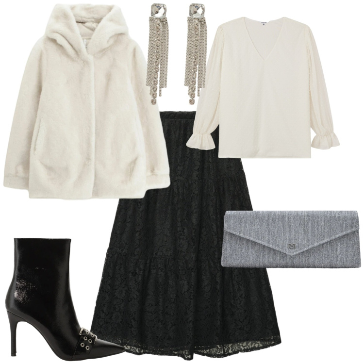 Outfit donna - Chic in bianco e nero evento serata. Stile Chic per Serata fuori. Abbinamento con ecopellicce, stivaletti, bluse, gonne lunghe, orecchini, pochette.