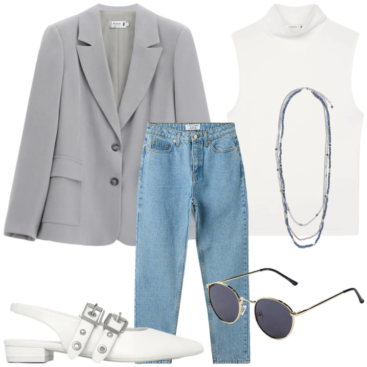 Outfit donna - Uscita fuori città. Stile Casual chic per Ufficio. Abbinamento con occhiali da sole, jeans mom, ballerine, canottiere, collane, blazer.