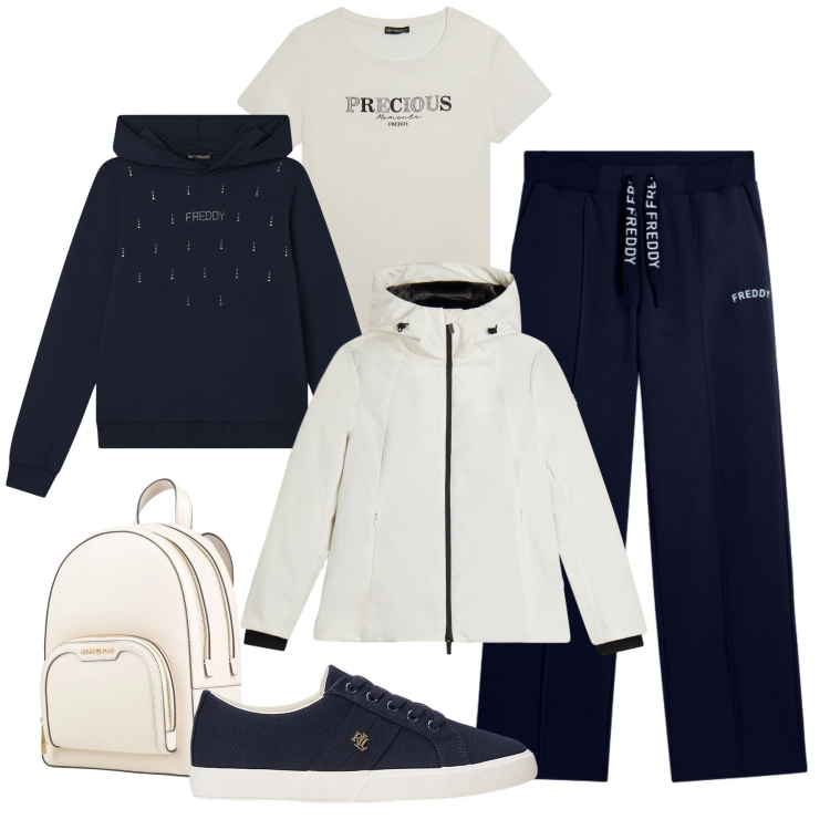 Outfit donna - Gli strass di Freddy. Stile Casual per Tutti i giorni. Abbinamento con zaini, felpe con cappuccio, pantaloni, bomber, t-shirt, sneakers.