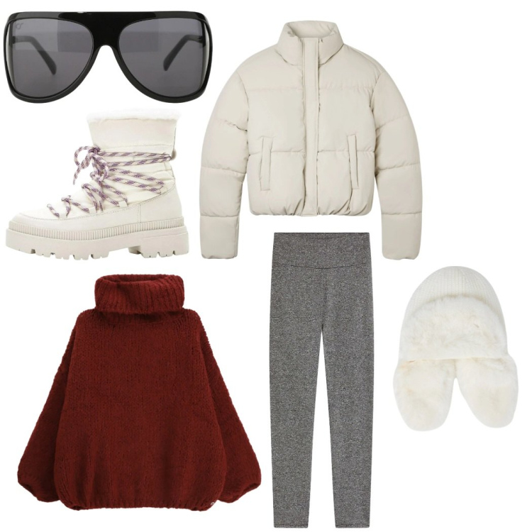 Outfit donna - Total look #2343193. Stile Casual per Tutti i giorni. Abbinamento con leggings, stivali da neve, occhiali da sole, bomber, berretti, maglieria.