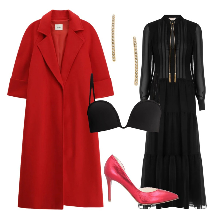 Outfit donna - La mia serata in lungo. Stile Chic per Serata fuori. look ideale per Petite. Abbinamento con décolleté, cappotti, reggiseni, vestiti lunghi, orecchini.