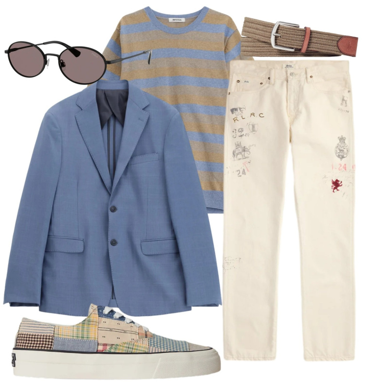 Outfit uomo - Maglia a righe. Stile Trendy per Tutti i giorni. Abbinamento con maglieria, giacche, cinture, occhiali da sole, jeans dritti, sneakers.