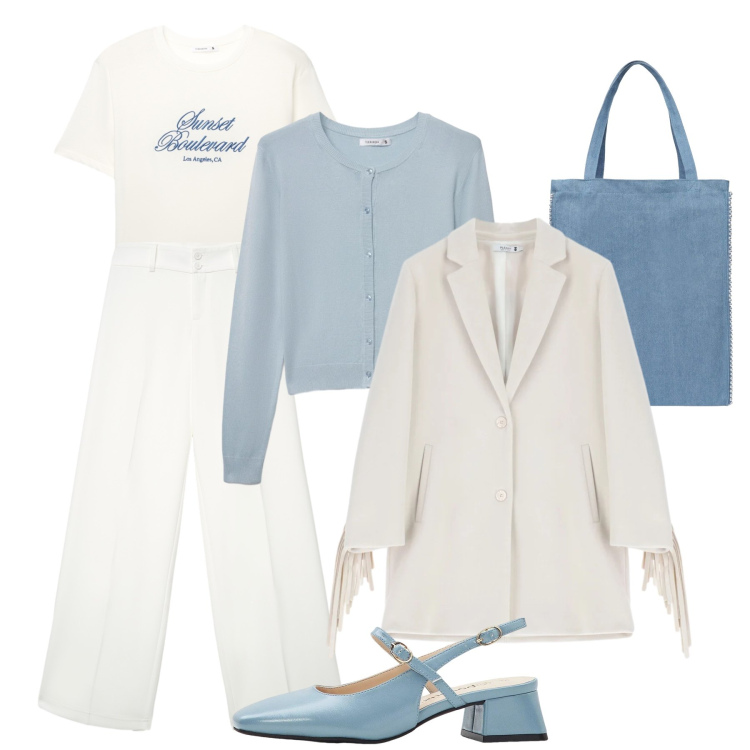 Outfit donna - Soft nuance in ufficio. Stile Casual chic per Ufficio. Abbinamento con décolleté, cardigans, pantaloni, t-shirt, borse tote, cappotti.