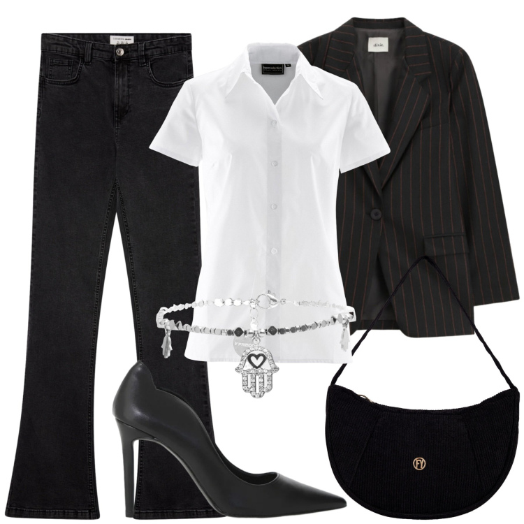 Outfit donna - Black and White. Stile Basic per Ufficio. look ideale per Tall. Abbinamento con camicie a manica corta, jeans a zampa, décolleté, blazer, braccialetti, borse a mano.
