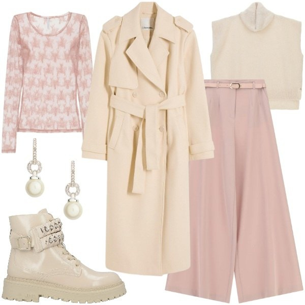 Outfit donna - Rosa & Beige. Stile Trendy per Serata fuori. Abbinamento con anfibi, trench, pantaloni a palazzo, bluse, maglieria, orecchini.