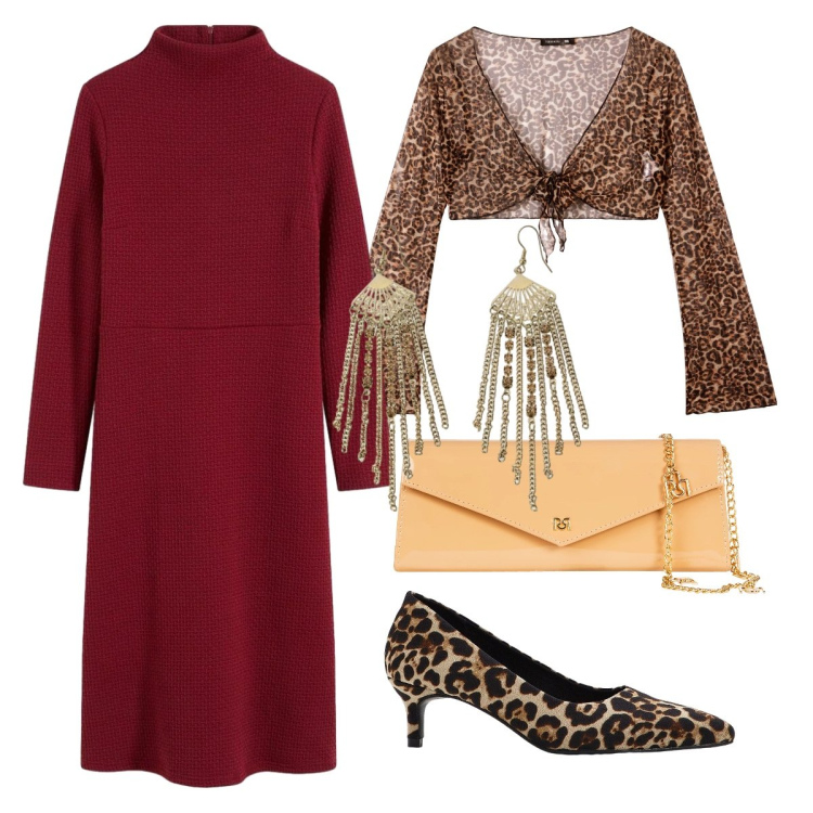 Outfit donna - Matrimonio in midi con tocco animalier. Stile Etnico per Cerimonia. look ideale per Petite. Abbinamento con décolleté, vestiti midi/longuette, bolero, orecchini, pochette.