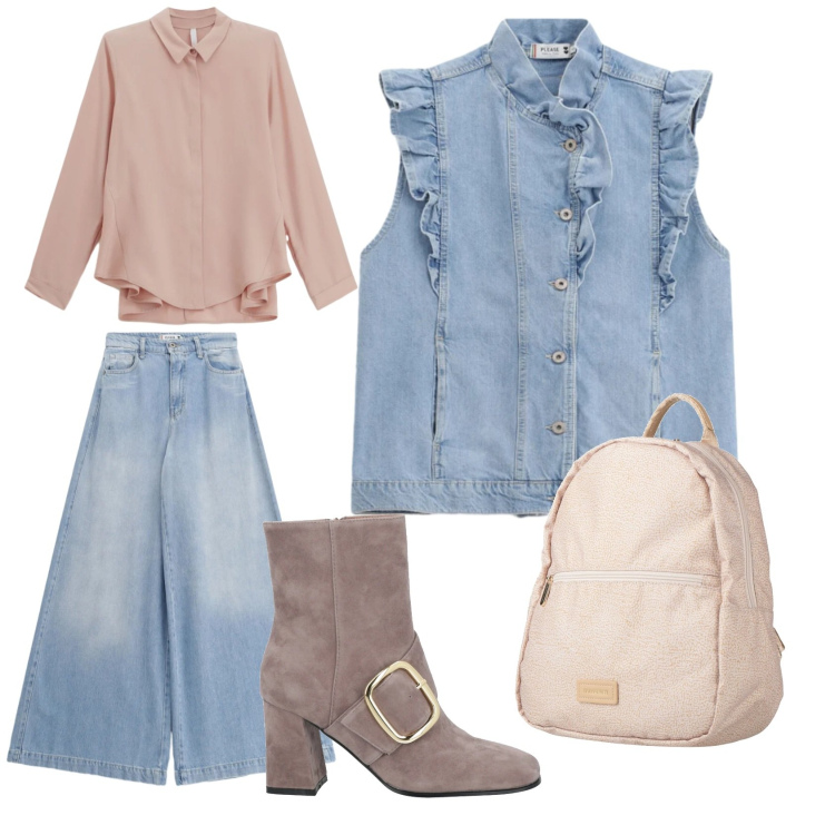 Outfit donna - Shopping per primavera. Stile Casual chic per Tutti i giorni. Abbinamento con zaini, stivaletti, camicie, jeans, gilet.