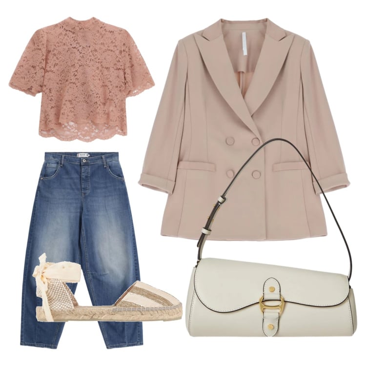 Outfit donna - Rinnovo l\'armadio 1. Stile Casual chic per Tutti i giorni. Abbinamento con espadrillas, jeans, blazer, top, borse a spalla.