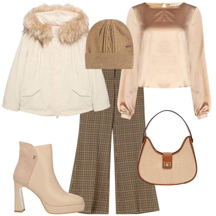 Outfit donna - Casual chic ufficio tempo libero. Stile Casual chic per Ufficio. Abbinamento con stivaletti, piumini, pantaloni, berretti, bluse, borse a spalla.