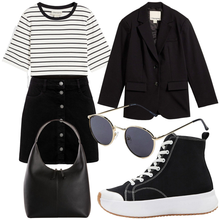 Outfit donna - Stile individuale. Stile Casual per Scuola/Università. Abbinamento con sneakers alte, gonne, t-shirt, occhiali da sole, shopping bag, blazer.
