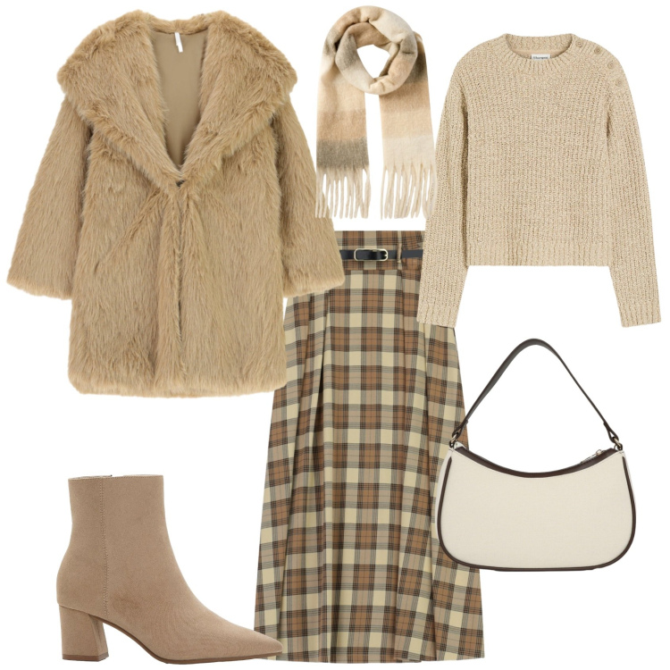 Outfit donna - Casual chic ufficio tempo libero. Stile Casual chic per Ufficio. Abbinamento con stivaletti, maglieria, sciarpe, borse a tracolla, gonne lunghe, ecopellicce.