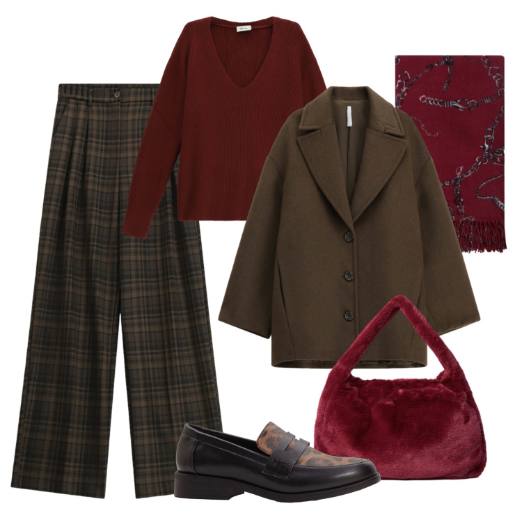 Outfit donna - Saldi ultimi freddi. Stile Casual chic per Tutti i giorni. Abbinamento con mocassini, borse a spalla, sciarpe, cappotti, pantaloni a palazzo, maglieria.