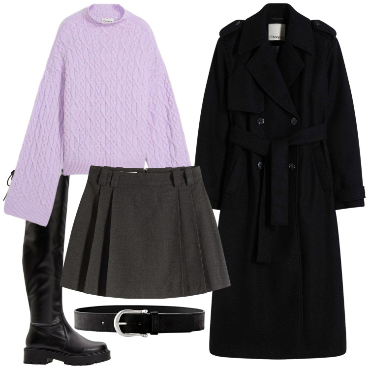 Outfit donna - Total look #2343219. Stile Casual per Serata fuori. look ideale per Tall. Abbinamento con trench, gonne, maglieria, stivali sopra il ginocchio, cinture.