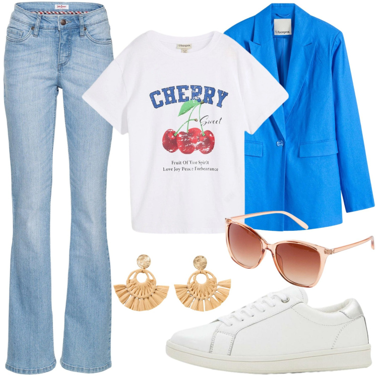 Outfit donna - Total look #2343221. Stile Basic per Scuola/Università. look ideale per Tall. Abbinamento con jeans bootcut, blazer, sneakers, orecchini, t-shirt, occhiali da sole.