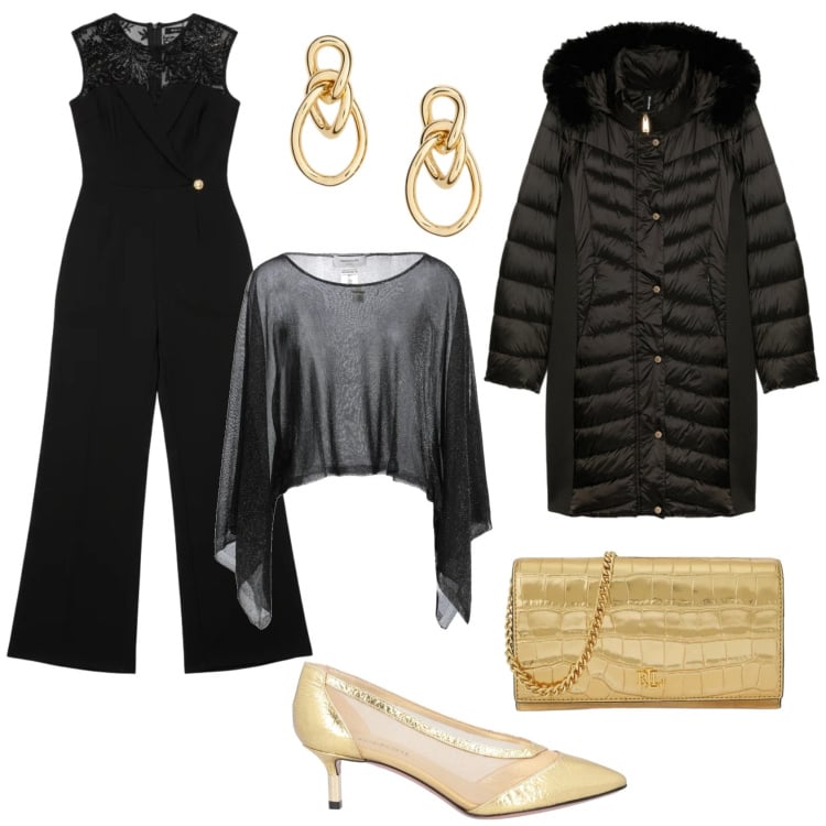 Outfit donna - Luce Dorata. Stile Glamour per Serata fuori. Abbinamento con décolleté, pullovers, maglieria, tute, borse a tracolla, orecchini.