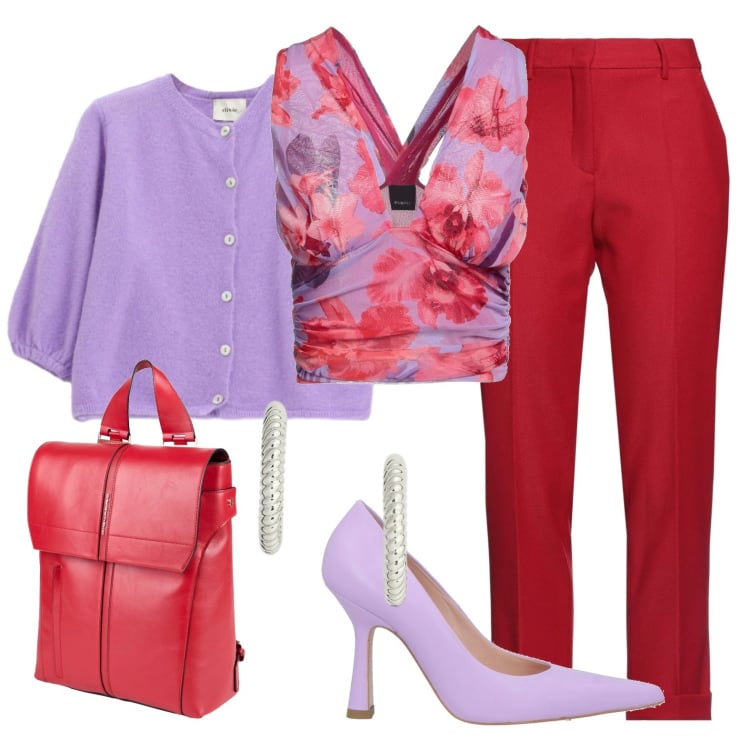 Outfit donna - Viola e rosso perché posso. Stile Trendy per Cerimonia. Abbinamento con top, pantaloni, décolleté, zaini, cardigans, orecchini.