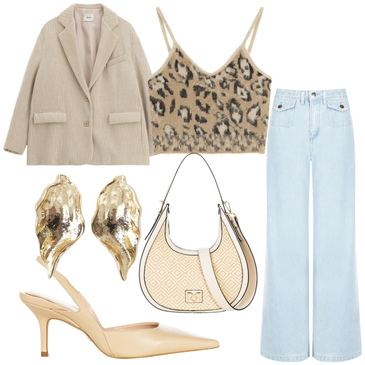 Outfit donna - Total look #2343230. Stile Casual chic per Serata fuori. look ideale per Tall. Abbinamento con jeans dritti, borse a mano, décolleté, top, orecchini, blazer.