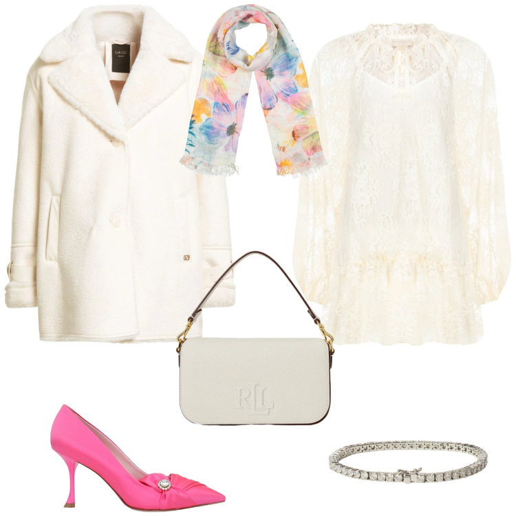 Outfit donna - Romantica cerimonia evento serata. Stile Romantica per Cerimonia. Abbinamento con cappotti, décolleté, sciarpe, vestiti corti, braccialetti, borse a spalla.