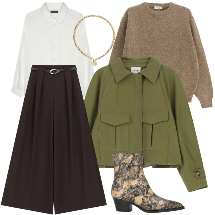 Outfit donna - Eleganza. Stile Casual chic per Tutti i giorni. look ideale per Tall. Abbinamento con stivaletti texani, camicie, pantaloni a palazzo, collane, maglieria, bomber.