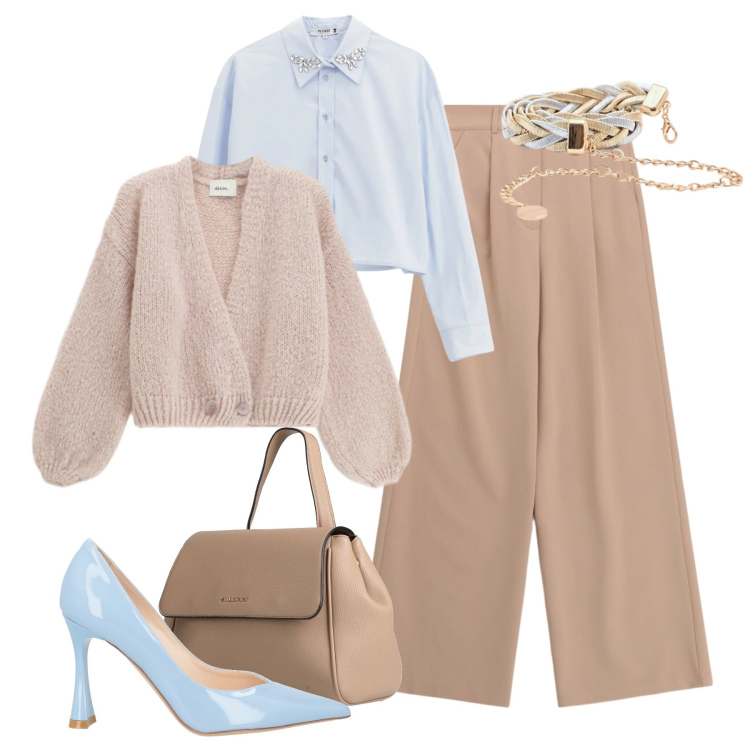 Outfit donna - Cielo e cipria. Stile Glamour per Tutti i giorni. Abbinamento con décolleté, zaini, pantaloni a palazzo, cardigans, camicie, cinture.
