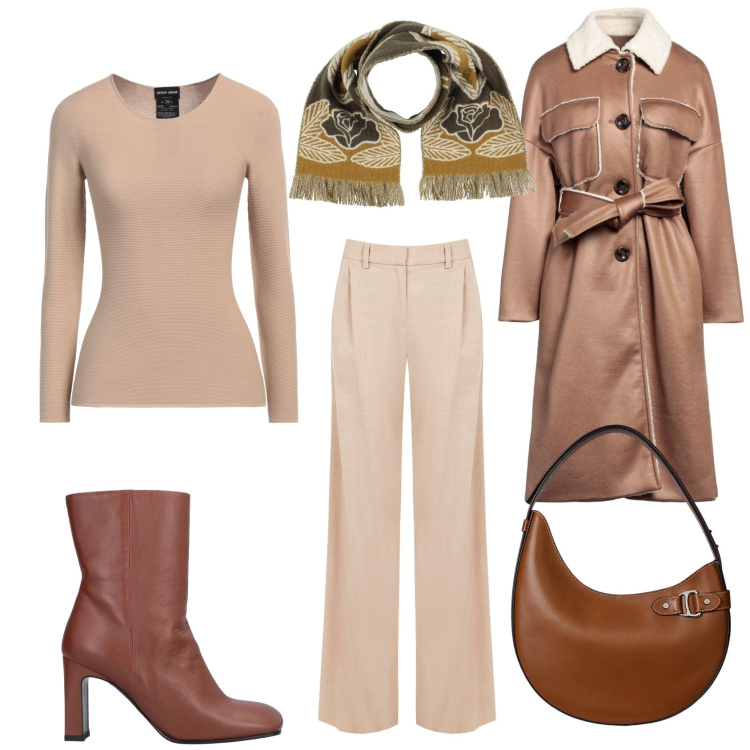 Outfit donna - Tra il Nude ed il Marrone. Stile Glamour per Tutti i giorni. Abbinamento con cappotti, sciarpe, pullovers, stivaletti, pantaloni a palazzo, borse a spalla.