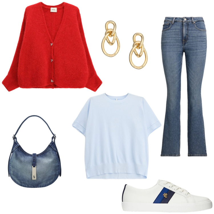 Outfit donna - Il Rosso che non deve mancare. Stile Casual per Tutti i giorni. Abbinamento con t-shirt, cardigans, sneakers, borse a spalla, orecchini, jeans bootcut.