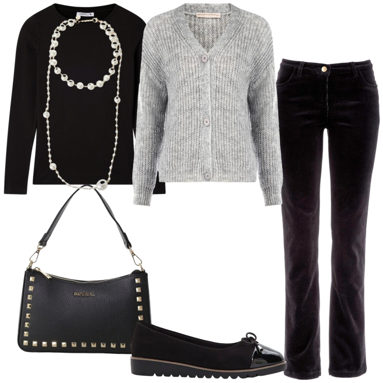 Outfit donna - Eleganza quotidiana. Stile Minimal per Tutti i giorni. Abbinamento con pantaloni, ballerine, t-shirt, pochette, collane, cardigans.