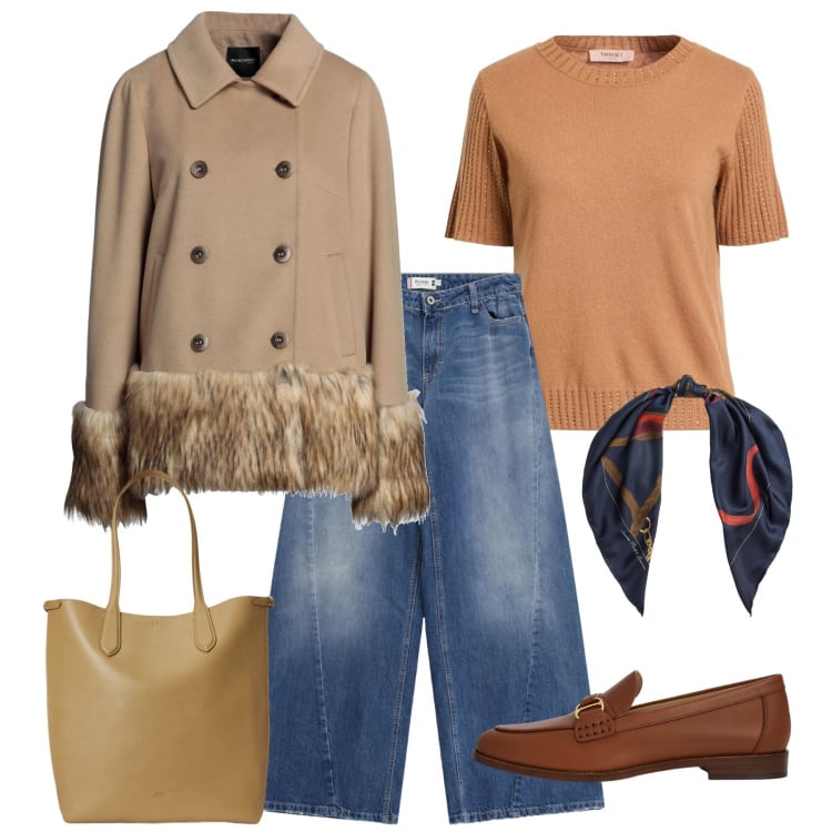 Outfit donna - Orli chic. Stile Casual chic per Tutti i giorni. Abbinamento con cappotti, pullovers, jeans, mocassini, borse tote, foulard.
