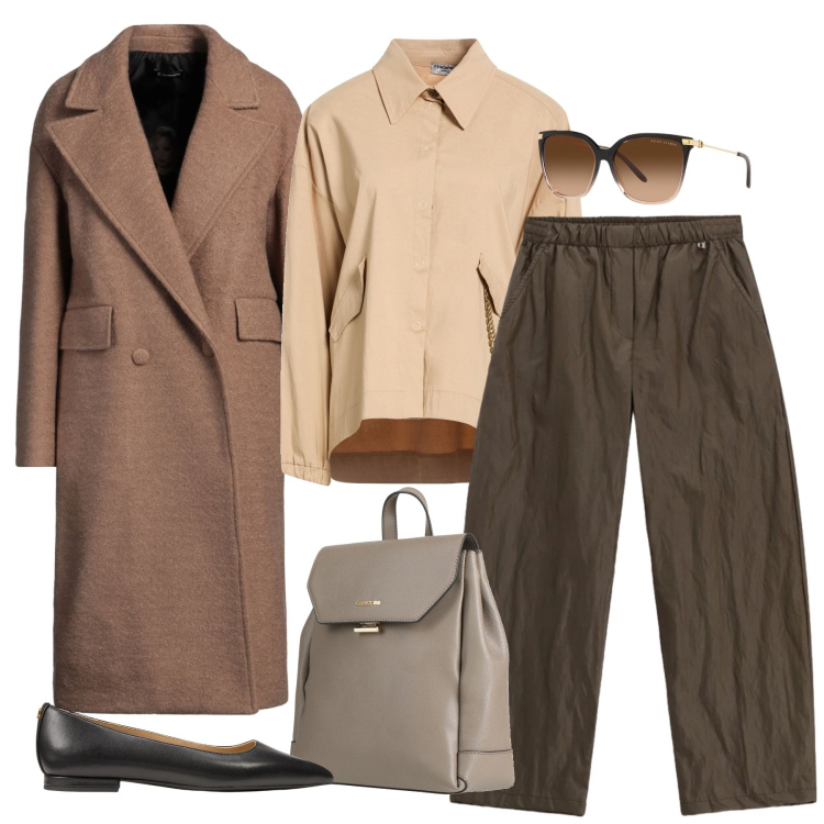 Outfit donna - Nuances marroni. Stile Bon Ton per Ufficio. Abbinamento con zaini, cappotti, camicie, pantaloni a palazzo, ballerine, occhiali da sole.