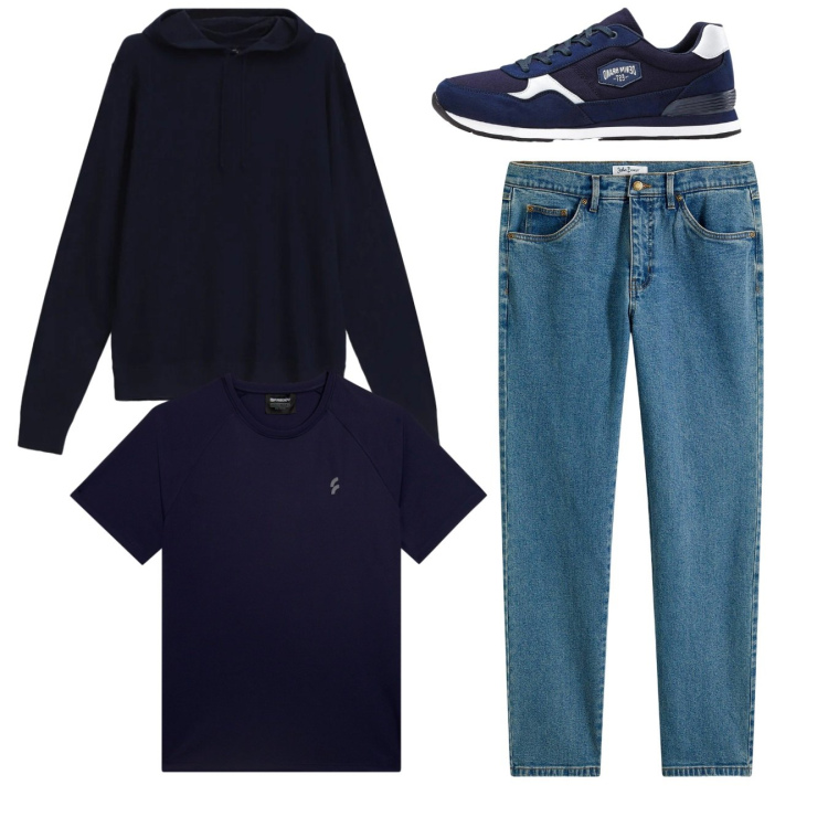 Outfit uomo - Total look. Stile Casual per Tutti i giorni. Abbinamento con jeans dritti, sneakers, maglieria, t-shirt.