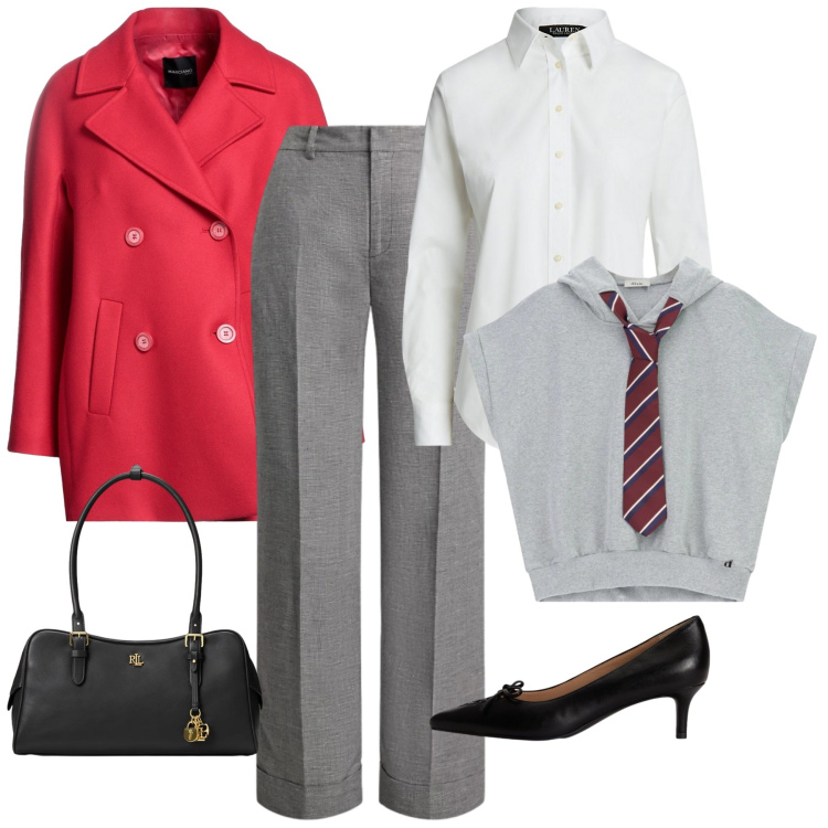 Outfit donna - Mannish mood. Stile Mannish per Tutti i giorni. Abbinamento con caban, felpe con cappuccio, borse a mano, camicie, pantaloni, décolleté.