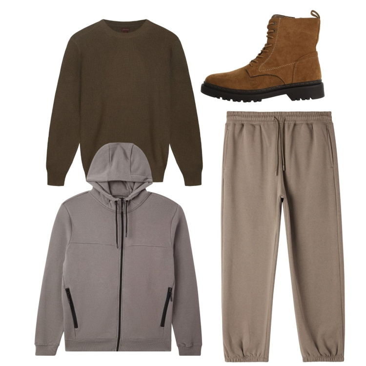 Outfit uomo - Total look. Stile Casual per Tutti i giorni. Abbinamento con felpe con cappuccio, pantaloni, anfibi, maglieria.