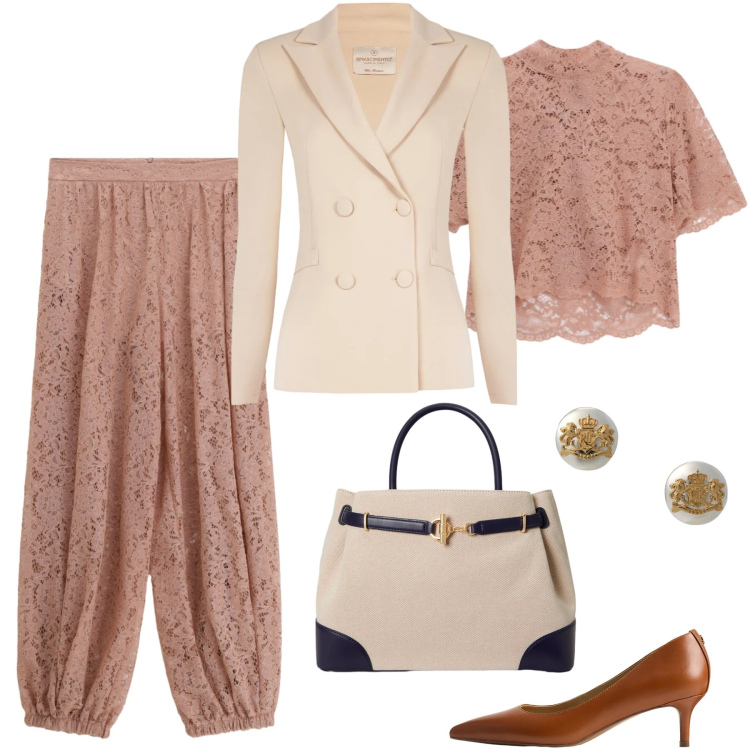 Outfit donna - Tonalità cipria e polverose. Stile Chic per Cerimonia. Abbinamento con pantaloni a palazzo, top, blazer, orecchini, décolleté, borse a mano.