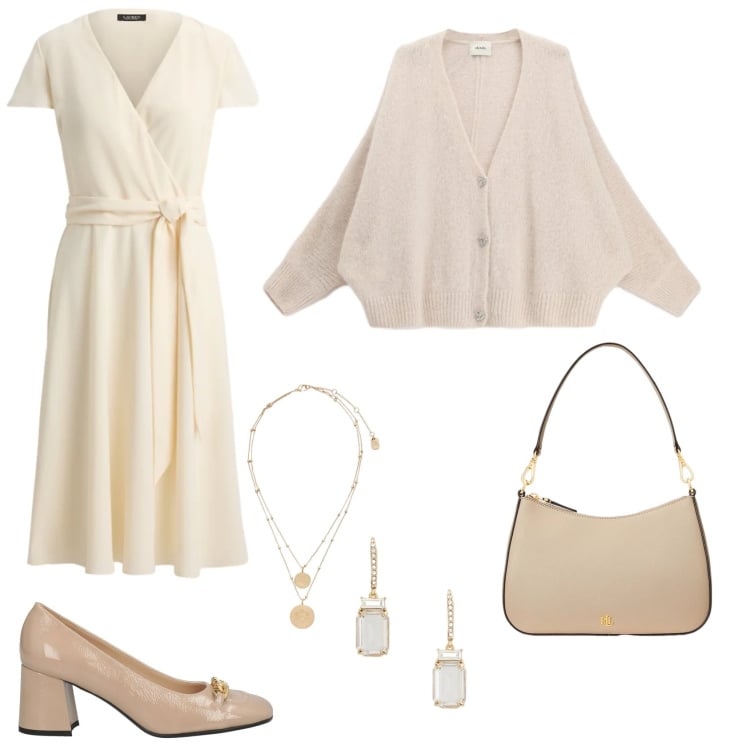 Outfit donna - Un outfit d\'altri tempi. Stile Glamour per Serata fuori. Abbinamento con décolleté, ciondoli, borse a spalla, orecchini, vestiti chemisier, cardigans.