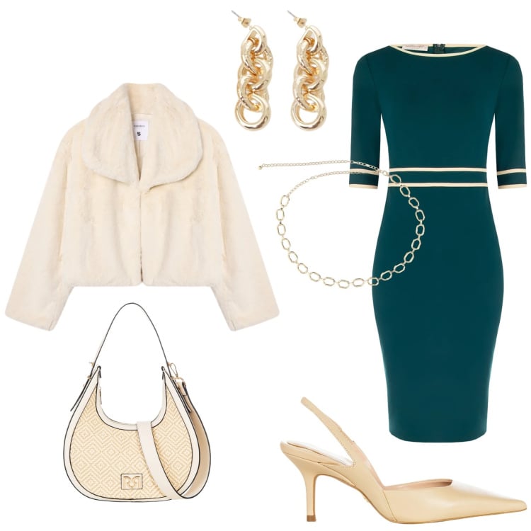 Outfit donna - Eleganza in verde. Stile Glamour per Serata fuori. Abbinamento con ecopellicce, vestiti a tubino, borse a mano, décolleté, collane, orecchini.