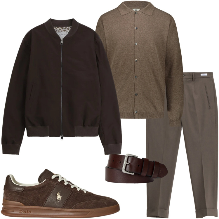 Outfit uomo - Essenziale ma curato. Stile Urban per Ufficio. Abbinamento con bomber, pantaloni, cinture, sneakers, polo.