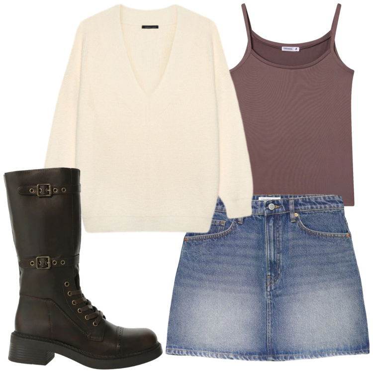 Outfit donna - 🤎 Urban Soft Balance. Stile Urban per Tutti i giorni. Abbinamento con magliette intime, minigonne, stivali, maglieria, portachiavi, clutch.