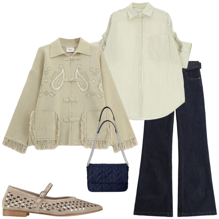 Outfit donna - Cardigan a febbraio. Stile Casual chic per Tutti i giorni. Abbinamento con ballerine, cardigans, camicie, jeans a zampa, borse a tracolla.