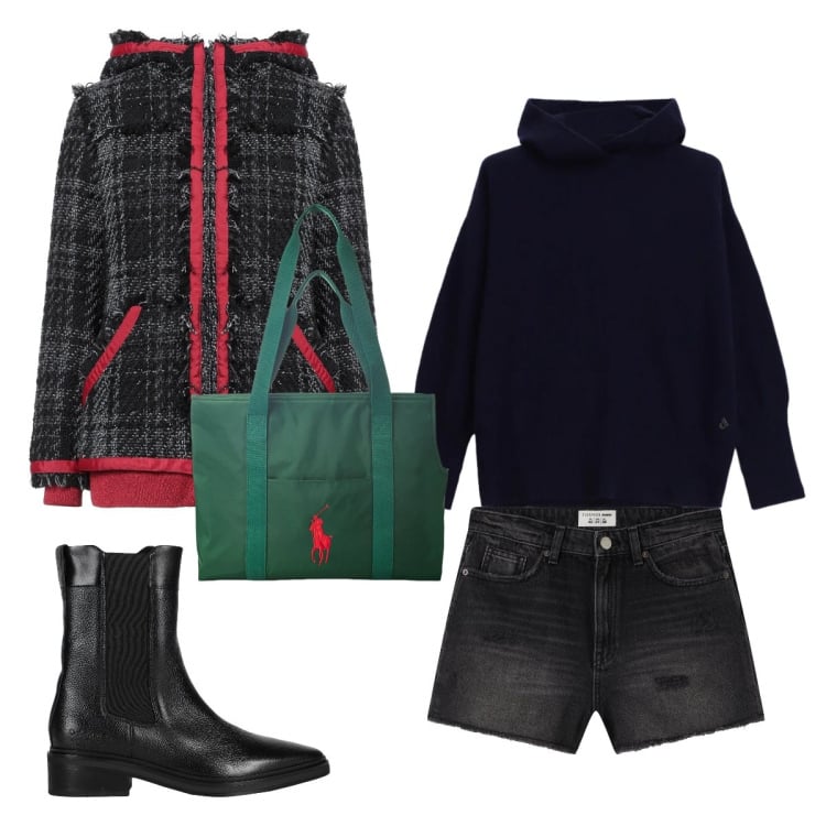 Outfit donna - Esco con Zampetta. Stile Urban per Scuola/Università. Abbinamento con cappotti, stivaletti chelsea, shorts, maglieria, borse tote.