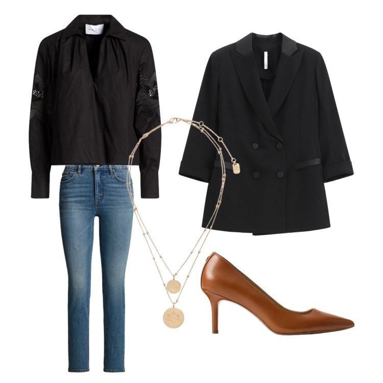 Outfit donna - Blazer dalla mattina alla sera. Stile Casual per Ufficio. Abbinamento con top, blazer, ciondoli, décolleté, jeans dritti.