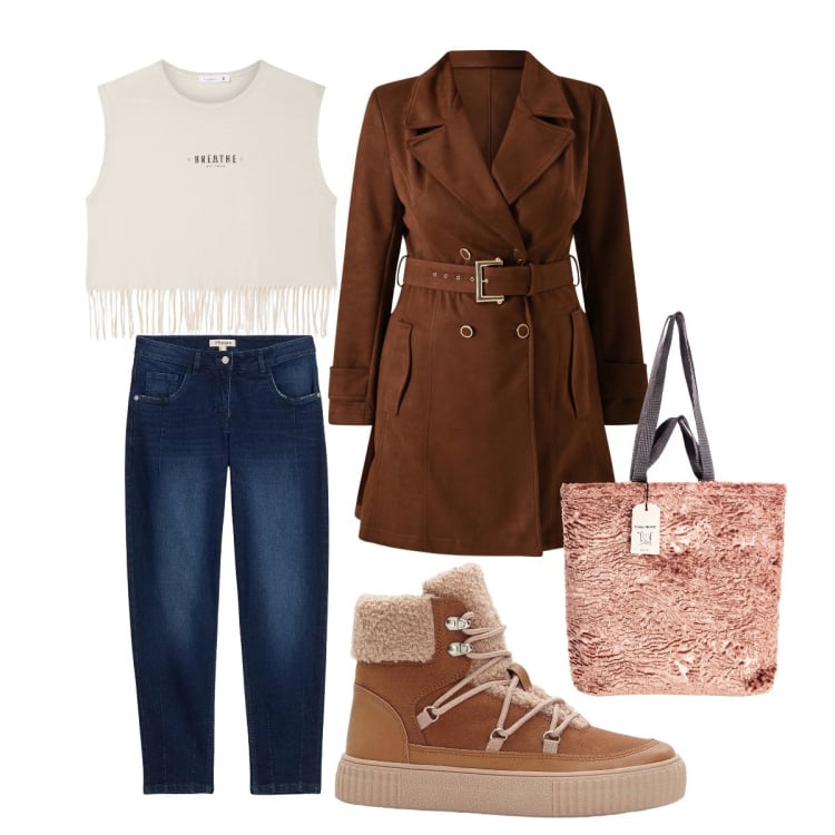 Outfit donna - 70s inverno. Stile 70s per Tutti i giorni. Abbinamento con stivaletti, jeans, t-shirt, borse tote, trench.
