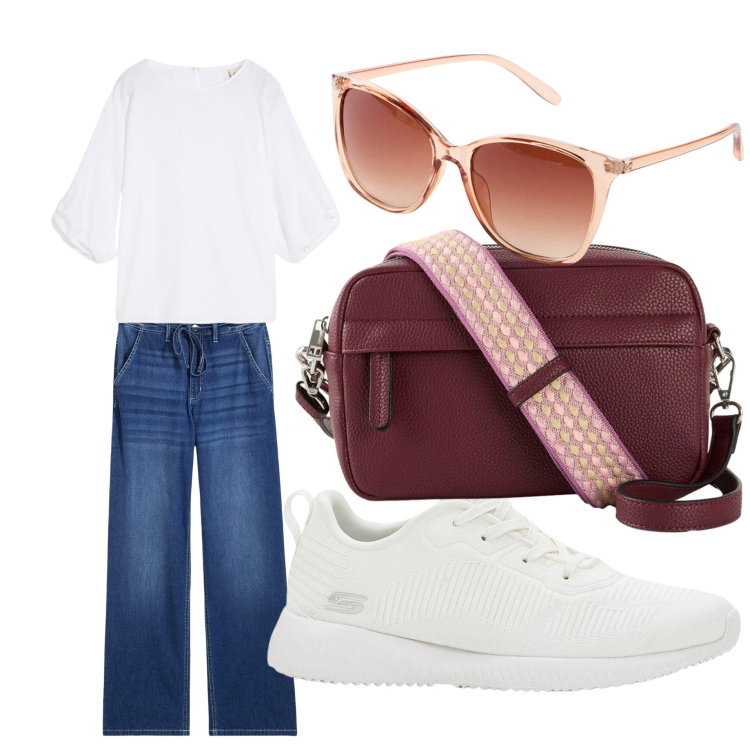 Outfit donna - Passeggiata romantica. Stile Minimal per Tutti i giorni. Abbinamento con borse a tracolla, jeans dritti, bluse, sneakers, occhiali da sole.
