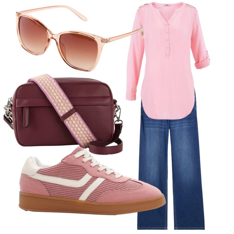 Outfit donna - Libera e bella. Stile Casual Abbinamento con tuniche, jeans dritti, borse a tracolla, sneakers, occhiali da sole.