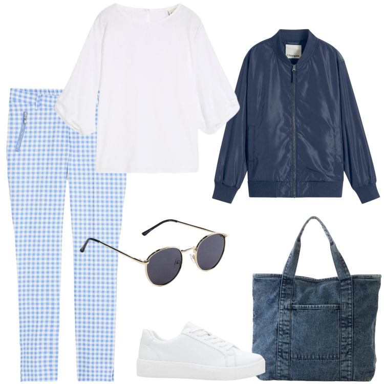 Outfit donna - Waiting for spring. Stile Casual per Tutti i giorni. Abbinamento con bomber, pantaloni, bluse, shopping bag, sneakers, occhiali da sole.