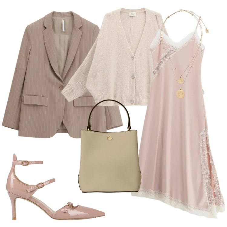 Outfit donna - Toni delicati per un invito a cena. Stile Chic per Serata fuori. Abbinamento con décolleté, blazer, vestiti lunghi, cardigans, ciondoli, borse a secchiello.