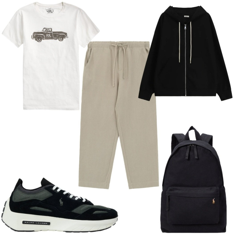 Outfit uomo - Total look #2343297. Stile Trendy per Sport. Abbinamento con pantaloni sportivi, felpe con cappuccio, t-shirt, borse sportive, sneakers.
