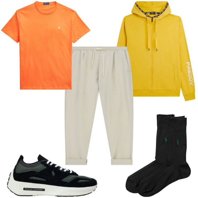 Outfit uomo - Total look #2343298. Stile Trendy per Sport. Abbinamento con pantaloni sportivi, felpe con cappuccio, calzini, t-shirt, sneakers.